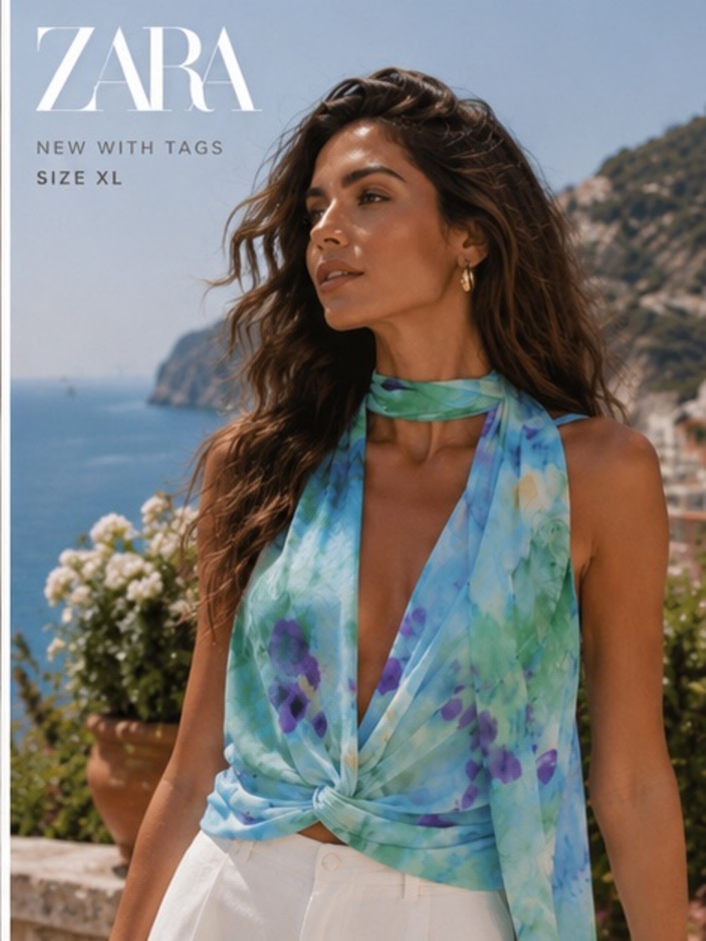 ZARA NWT Watercolor Floral Halter Scarf Top Size XL
